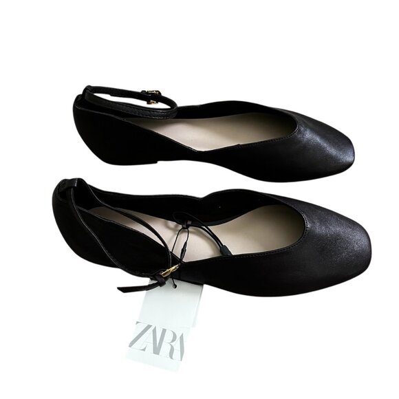 ZARA Women’s Leather Ballet Flats Chocolate Brown Size 8 Ankle Strap Buckle NWT - Picture 6 of 9